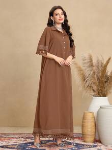 Al Najma Gaun Wanita Lengan Pendek Kerah Kemeja Desain Rumbai Retro, Gaya Arab Kasual - Kopi - View 6