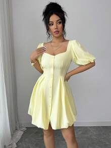 SHEIN Elenzya Women's Elegant Pale Yellow Summer Dress,Puff Sleeve Square Neck Waist Cinched Peplum Hem Short Dress,Casual Tea Party Beach Holiday Formal Dress - Yellow - View 6