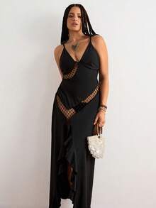 Freevana 性感黑色吊带V领镂空针织钩编拼接长裙 – 高腰修身剪裁，侧边透视拼接，高开衩荷叶边下摆，适合派对、夜生活、度假、海滩约会、晚餐等场合的女士连衣裙 - 黑色 - 查看 4