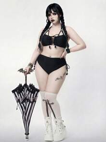ROMWE Bộ bikini hai mảnh cỡ lớn gợi cảm phong cách Gothic, kiểu dây buộc chéo, thích hợp cho kỳ nghỉ hè. - màu đen - Xem 7