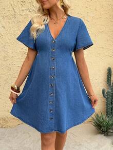 SHEIN Maternity Casual V-Neck Button Front Short Sleeve Denim Dress For Summer Summer Dress - Blue - View 3