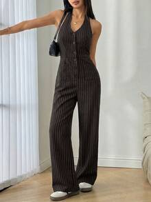 Flirla Women's Summer Casual Vacation & Commute Striped Print Backless Tie-Front Wide Leg Jumpsuit - Rust Brown - View 6