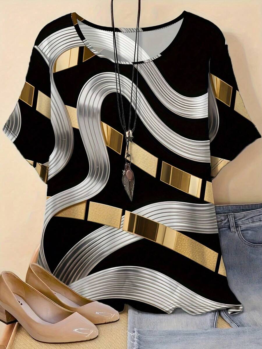 EMERY ROSE New Plus Size Ladies Round Neck Stretch T-Shirt, Geometric Figure 3d Printing Stretch Round Neck Top, Comfortable And Practical Ladies Plus Size Clothing Plus Size T-Shirt, Excluding Accessories - Multicolor - View 1