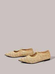 Styleloop Zapatos planos de mujer tipo slip-on, con decoración de lazo, de tela de paja trenzada, estilo BOHO de vacaciones, retro estadounidense bohemio, para fiestas y festivales de música western, con talón abierto tipo mule, adecuados para la temporada de vacaciones, primavera/verano - Beige claro - Ver 2