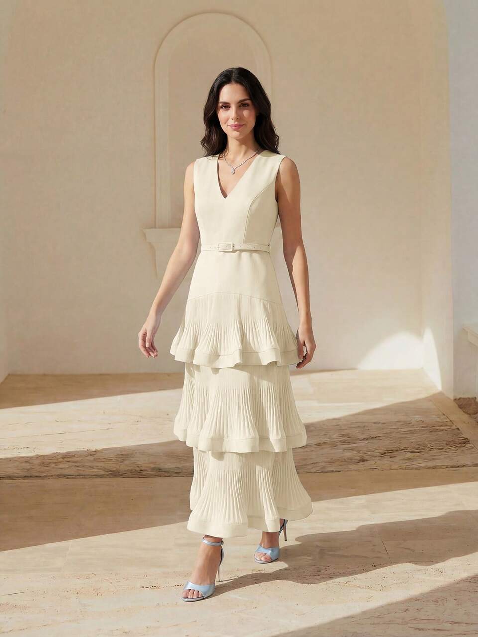 Anewsta Spring/Summer New Romantic Dignified V-Neck Waist Cinched Flared Hem Elegant Party Dress For Women