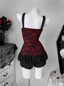 Sunspun Plus Size Lace Patchwork Red & Black Contrast Camisole - Multicolor - View 2