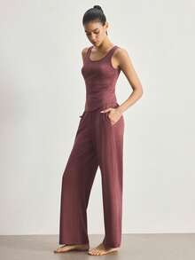 Ocili Bộ đồ ngủ nữ tối giản, thoải mái, giản dị, dễ giặt gồm áo không tay và quần mềm mại. - Màu Đỏ Sâu - Xem 4