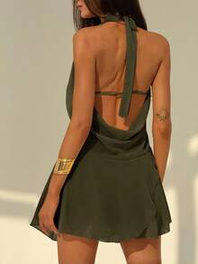 Aloruh Đầm ngắn gợi cảm mới, hở lưng, màu trơn, cổ yếm, xẻ sâu, xếp ly bất đối xứng, viền bèo nhún, thích hợp để đi chơi. - xanh quân đội - Xem 2