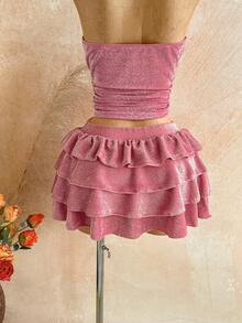 Soleia 女士春夏休闲度假两件套：粉色金属丝花卉装饰垂褶领上衣 + 多层荷叶边迷你裙，适合海滩、邮轮等场合。 - 粉色 - 查看 6