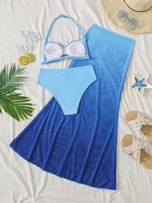 SHEIN Tween Girl Vacation 3pcs Blue Starfish Metal Button Bikini 3 Pieces Set, Beach Holiday - Blue - View 5