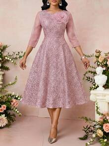 SHEIN Lady 女士纯色3D立体花卉装饰圆领网纱拼接优雅中长连衣裙 节日礼服 毕业礼服 婚礼宾客礼服 女士花卉连衣裙 粉色连衣裙 粉色优雅连衣裙 优雅中长连衣裙 优雅春季连衣裙 法式连衣裙 派对连衣裙 正式连衣裙 婚礼宾客礼服 女士场合连衣裙 女士婚礼服装 女士宾客正式连衣裙 特殊场合连衣裙 玫瑰印花连衣裙 女士连衣裙 正式服装 女士经典连衣裙 - 粉色 - 查看 3