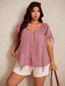 Elaquor Chemise à manches courtes imprimée à carreaux pour femmes grandes tailles, style décontracté - Blanc - Voir 7