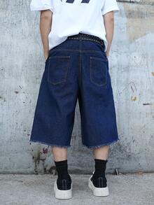 Manfinity Roughcore Men's Solid Color Minimalist Denim Wide Leg Shorts - Dark Wash - View 2