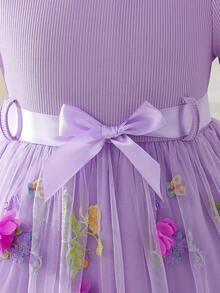 Glamorique Kids 女童浅黄色彼得潘领短袖连衣裙，蕾丝边饰3D立体花朵，光滑缎面宽松A字裙摆，夏季清新甜美公主裙，适合日常出行和生日等场合，亲肤顺滑不闷汗，易穿舒适。 - 紫色 - 查看 6