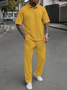 Manfinity Homme Men's Solid Color Knitted Textured Polo Shirt And Pants Set - Yellow - View 3