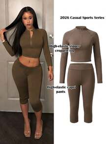Slaydiva 早春新款，春夏音乐节，情人节，复活节休闲风，简约基础款，Y2K街头甜美风，畅销款，日常约会，辣妹风，性感，运动时尚风，小立领，半开襟，拉链款式，长袖上衣+紧身裤，七分裤，哈苏线装饰，灰棕色女士套装，两件套 -A - 咖啡棕 - 查看 9