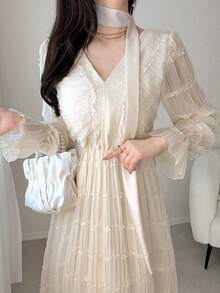 FRIFUL Vestido de mujer con textura que ciñe la cintura, vestidos de verano - Negro - Ver 6