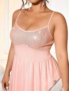 Cravure Plus Size Sequin Patchwork Sheer Chiffon Cinched Waist A-Line Dress, Elegant For Outings, Dates, Parties And Events - Pink - View 6