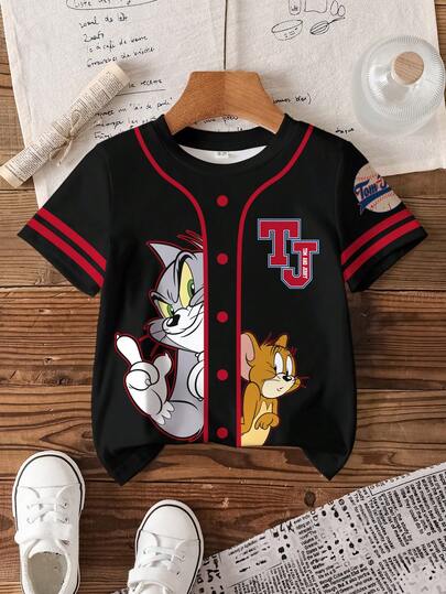 TOM & JERRY X SHEIN 男童休闲字母卡通图案圆领短袖T恤，夏季款