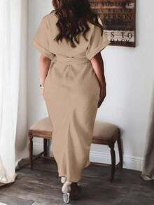 Vionelle 大码纯色褶裥下摆衬衫裙长款女装裹身连衣裙女士度假装高品质连衣裙 - 香檳色 - 查看 2