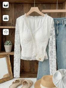 SHEIN EZwear 白色蕾丝针织修身浪漫上衣 - 白色 - 查看 8