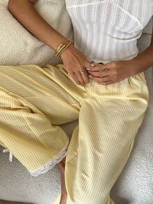 CovetEZ Yellow Striped Lace Trim Wide Leg Pants For Women - Yellow - View 4