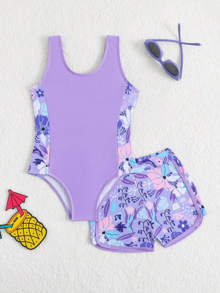 SHEIN 女童碎花紫色弹力面料连体泳衣带短裤，两件套 - 紫色 - 查看 1