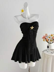 Sweetra 女士黄色针织提花金属海星装饰荷叶边下摆修身迷你连衣裙，春夏款，适合度假、海滩、波西米亚风、优雅派对、浪漫约会、日常百搭穿着 - 黑色 - 查看 4