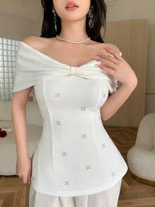 Feyla 新款奢华水钻装饰露肩优雅上衣，适合派对和度假穿着 - 白色 - 查看 2