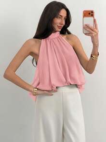 Aloruh Atasan Wanita Kasual Musim Panas Gaya Liburan, Warna Polos, Tanpa Punggung, Model Halter, Atasan Warna Pink, Atasan Musim Panas - Berwarna merah muda - View 5