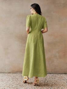 优雅花卉饰边圆领收腰短袖连衣裙（女款） - 綠色 - 查看 4