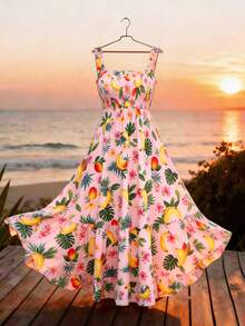 Franclia Đầm maxi dáng chữ A, dây mảnh, có thể điều chỉnh vòng ngực, in hoa, viền bèo nhún, dành cho nữ, cỡ lớn. - Nhiều màu - Xem 3