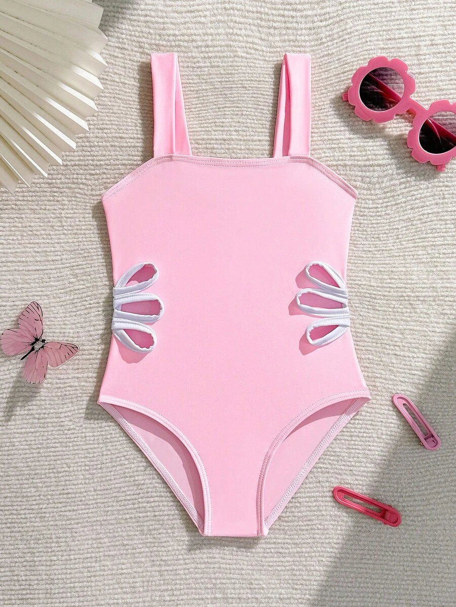 Sparklyn 年轻女孩撞色镂空休闲宽肩带连体泳衣 - 淺粉色 - 查看 1