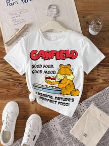 GARFIELD | SHEIN 少女休闲字母猫咪印花圆领短袖T恤，夏季 - 白色 - 查看 7