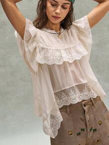 SHEIN BohoFeels Blusa de mujer de estilo bohemio francés romántico para vacaciones de verano, con bordados, volantes y encaje, de estilo libre y casual. Estilo de vestir libre y relajado, disfraz de mujer para carnaval, playa, vacaciones de verano - Albaricoque - Ver 6