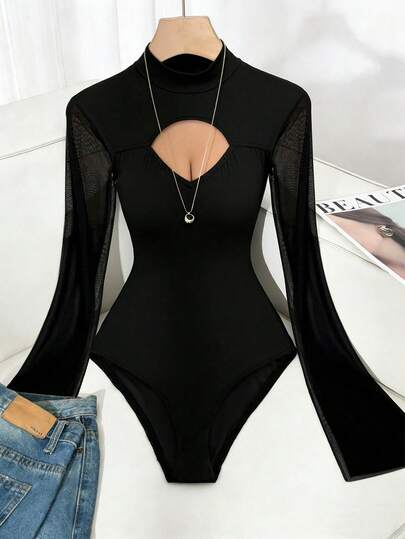 Rafferiza Bodyduit con cuello halter, cintura calada y manga con abertura, estilo europeo y americano para mujeres