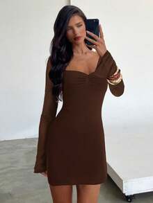 Aloruh Women's Elegant Square Neck Ruched Flare Sleeve Fitted A-Line Mini Dress, Textured Fabric - Coffee - View 7