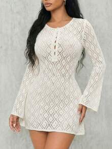 Eryvara Autumn Bell Sleeve Hollow Sexy Beach Knit Dress For Women - White - View 1