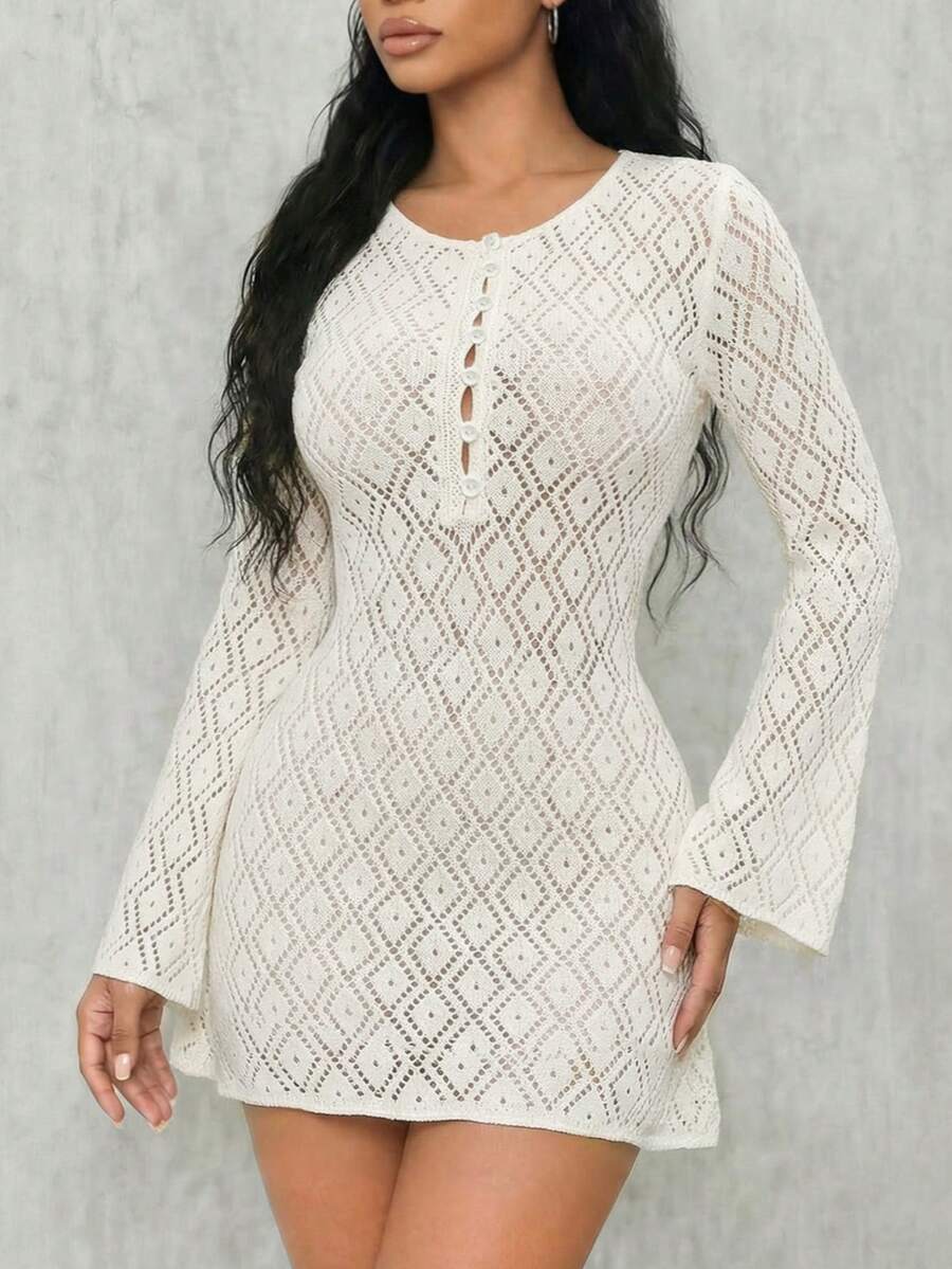 Eryvara Autumn Bell Sleeve Hollow Sexy Beach Knit Dress For Women - White - View 1