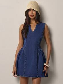 COSMINA Đầm denim ngắn cổ chữ V xếp ly dành cho nữ, đầm không tay thanh lịch thường ngày, đầm ngắn, đầm denim đơn giản tối giản. - Màu xanh lam - Xem 2