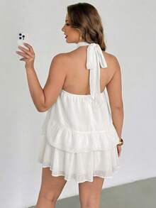 Auralis 优雅浅黄色露背系带宽松喇叭荷叶边下摆大码女式迷你连衣裙，适合音乐会、演出、约会、舞会、情人节、派对、性感优雅浪漫风、OL风、美人鱼风、生日派对、日常休闲、海滩度假等场合。 - 白色 - 查看 4