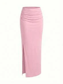 SHEIN 少女粉色热带印花度假风修身抹胸上衣和长裙两件套 - 粉色 - 查看 3