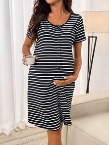 SHEIN 孕妇条纹印花圆领休闲短袖连衣裙 - 黑色 - 查看 3