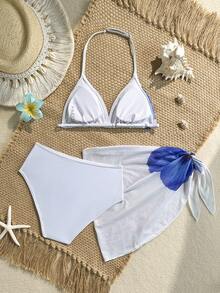 SHEIN Girls' Cute Printed 3 PiecesBikini Set With Mesh Skirt, Digital Print Beach Party Swimwear For Teenage Girls - White - View 3
