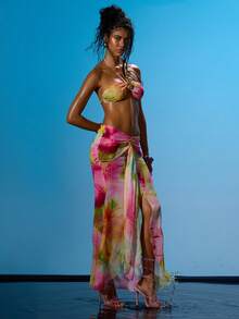 MUSERA Halterneck Tie Up Gold Trim Bralette With Dipped Ruched Draped Waist Maxi Skirt Coord Sold As Set Summer Sexy Going Out Beach Holiday Ibiza Club Tropical Fever - Multicolor - View 3