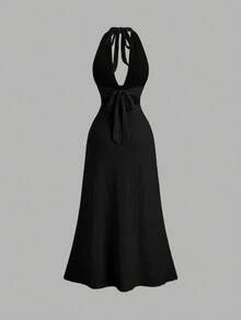 Sweetra Sexy Halter Deep V-Neck Backless Fitted Slit Solid Color Dress - Black - View 2