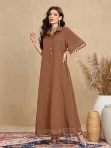 Al Najma Gaun Wanita Lengan Pendek Kerah Kemeja Desain Rumbai Retro, Gaya Arab Kasual - Kopi - View 4