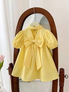 SHEIN LMoss Kids 女婴可爱绿色短袖翻领连衣裙，夏季 - 黃色 - 查看 7