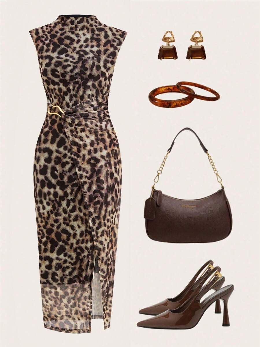 Ellevyn 女士豹纹无袖中长连衣裙 - 咖啡棕 - 查看 1