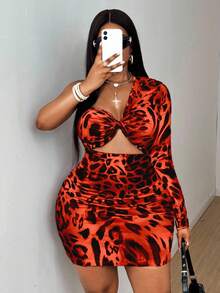 Maweii Plus Size Women Leopard Print Hollow Out Twist Mini Dress - Red - View 2